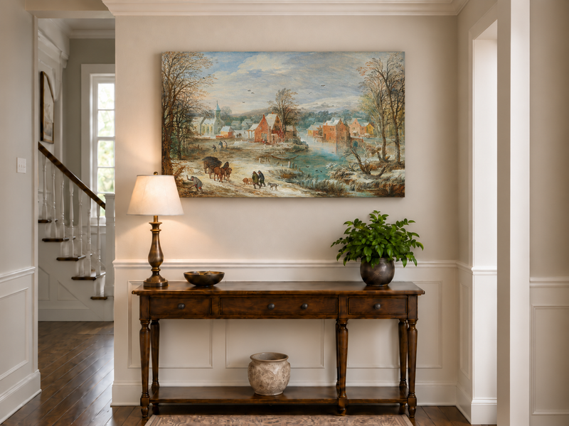 Peinture à l'huile de paysage - Village riverain en hiver avec église