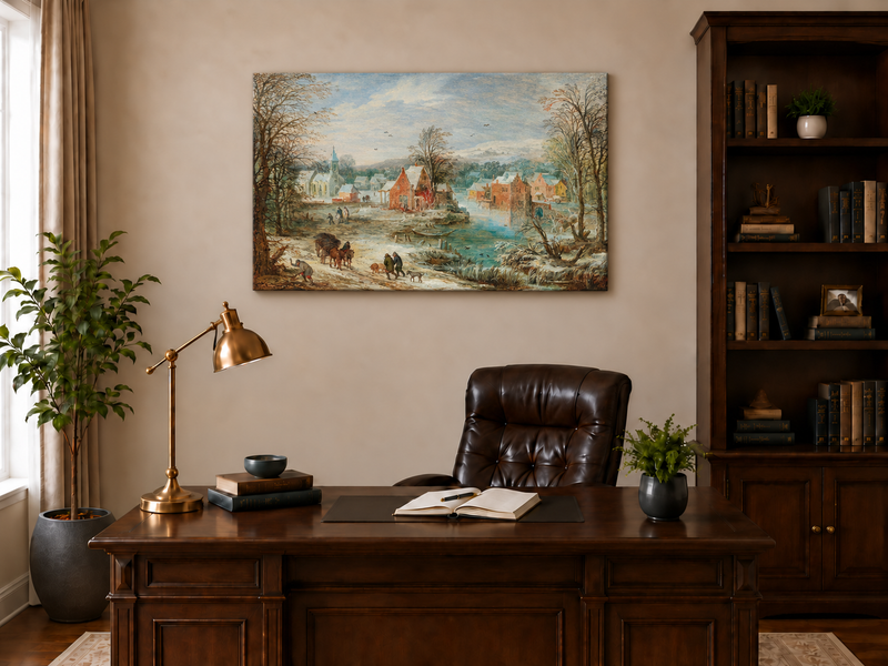 Peinture à l'huile de paysage - Village riverain en hiver avec église