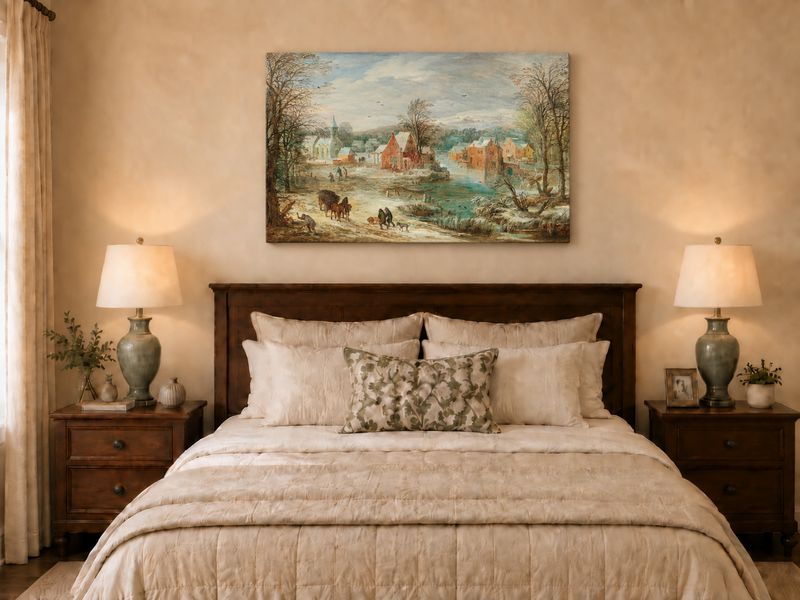 Peinture à l'huile de paysage - Village riverain en hiver avec église