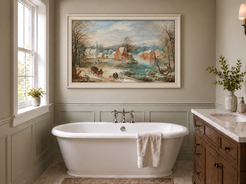 Peinture à l'huile de paysage - Village riverain en hiver avec église