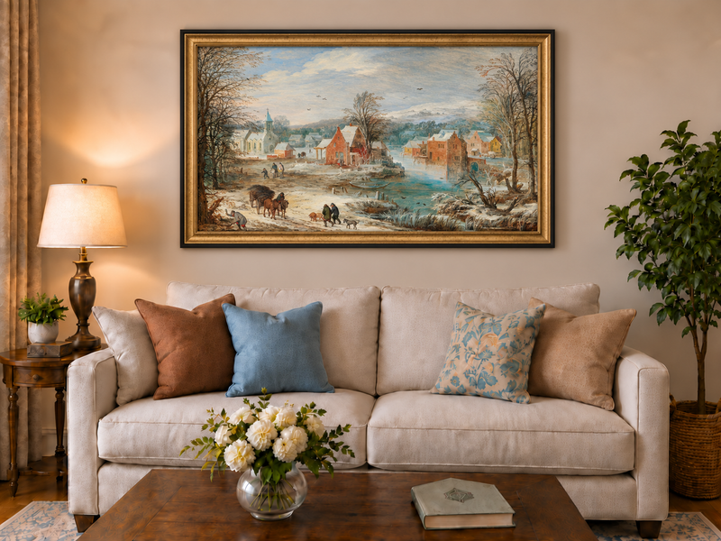 Peinture à l'huile de paysage - Village riverain en hiver avec église