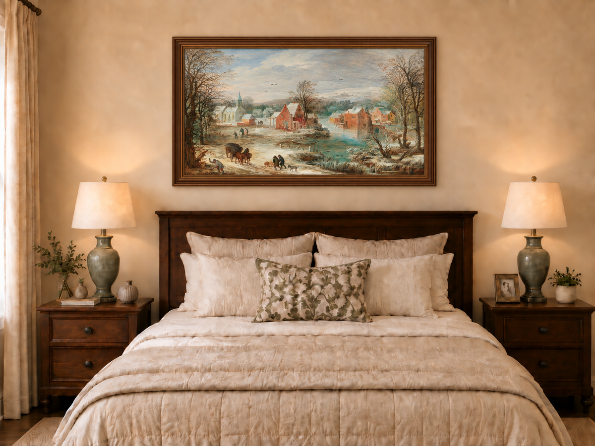 Peinture à l'huile de paysage - Village riverain en hiver avec église