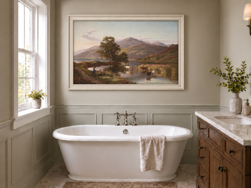 Landscape Oil Painting - Mountain Lake Cattle & Pastoral Life