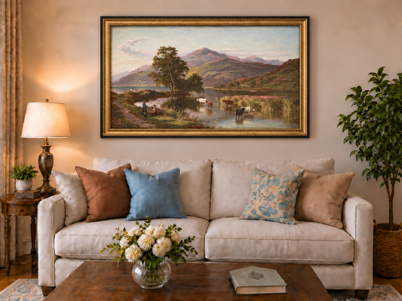 Landscape Oil Painting - Mountain Lake Cattle & Pastoral Life