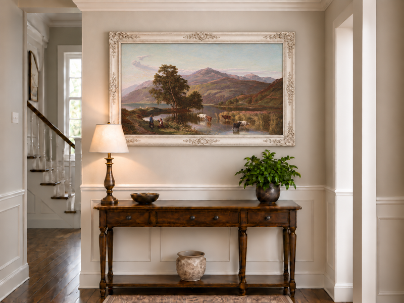 Landscape Oil Painting - Mountain Lake Cattle & Pastoral Life