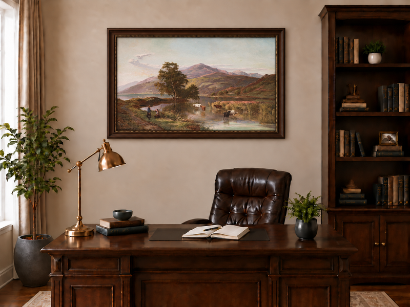 Landscape Oil Painting - Mountain Lake Cattle & Pastoral Life