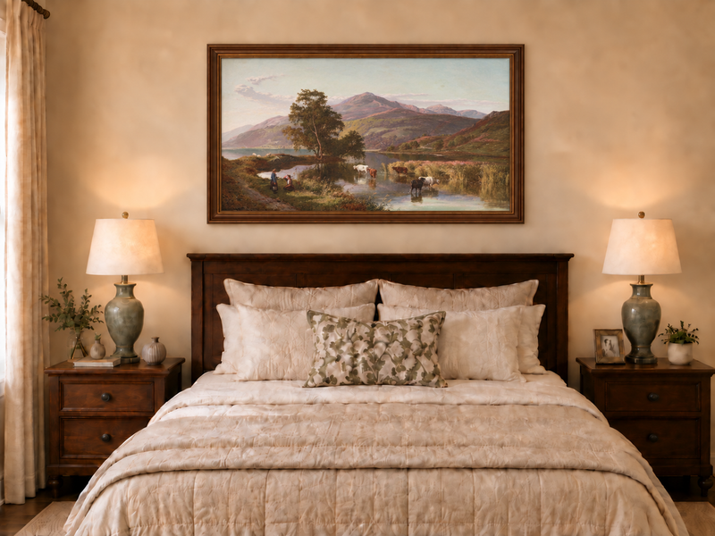 Landscape Oil Painting - Mountain Lake Cattle & Pastoral Life