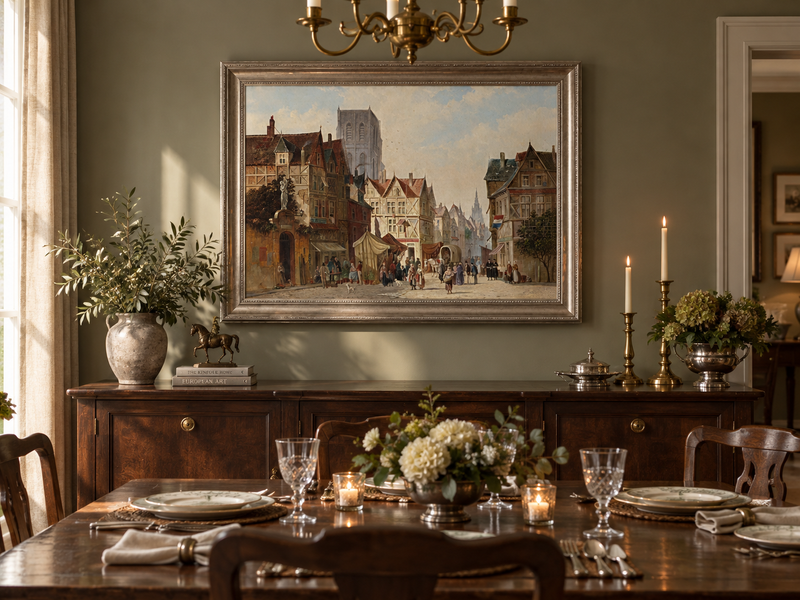 Landschaft Ölgemälde - Europäischer Altstadt-Marktplatz, Figuren