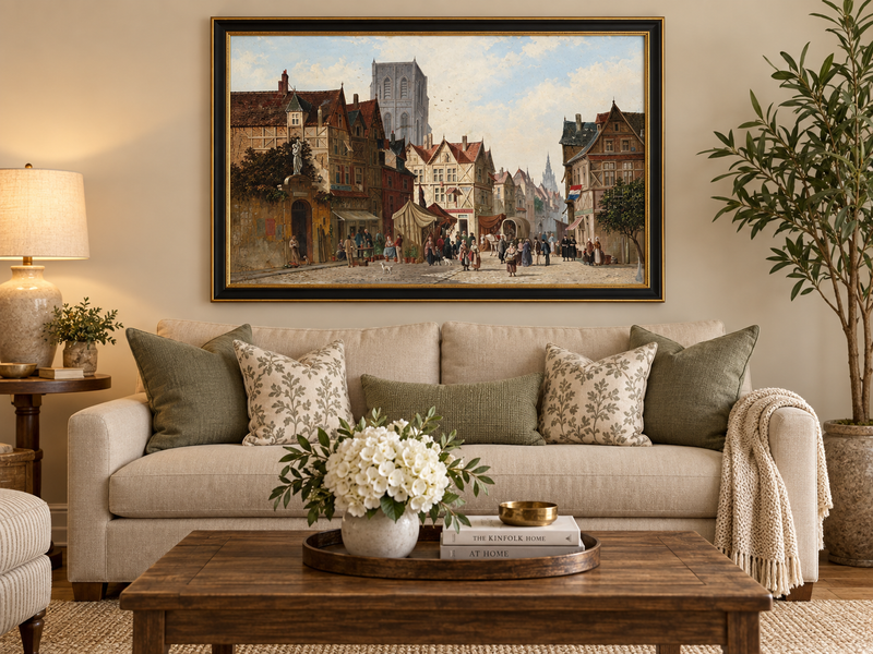 Landschaft Ölgemälde - Europäischer Altstadt-Marktplatz, Figuren