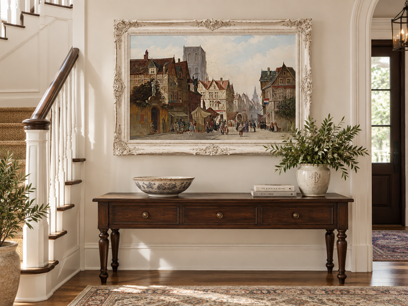 Landschaft Ölgemälde - Europäischer Altstadt-Marktplatz, Figuren