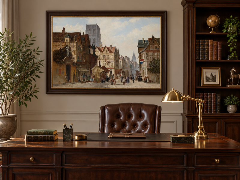 Landschaft Ölgemälde - Europäischer Altstadt-Marktplatz, Figuren