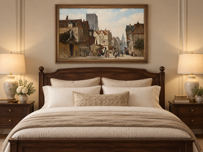 Landschaft Ölgemälde - Europäischer Altstadt-Marktplatz, Figuren