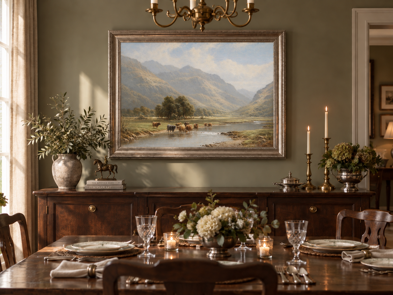 Landscape Oil Painting - Cattle Crossing a Mountain River Valley