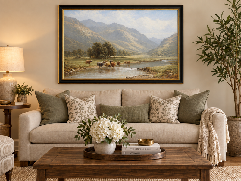Landscape Oil Painting - Cattle Crossing a Mountain River Valley