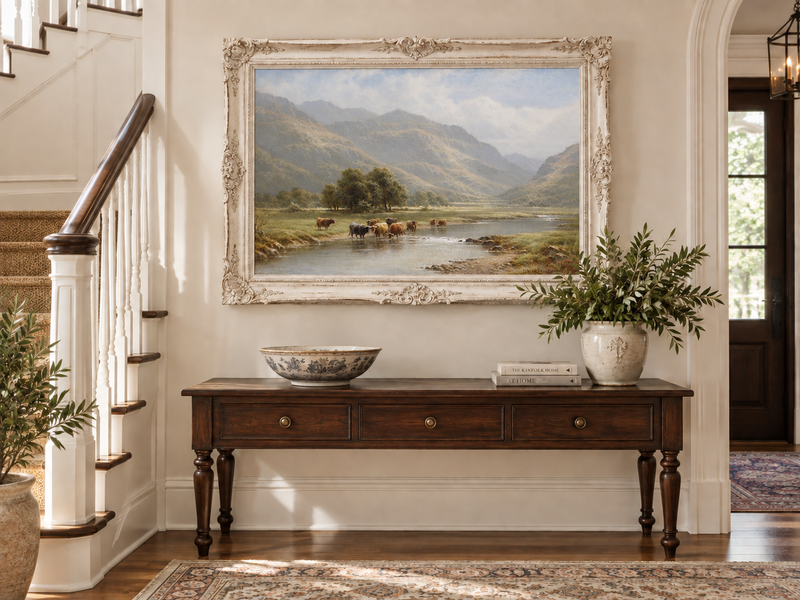 Landscape Oil Painting - Cattle Crossing a Mountain River Valley