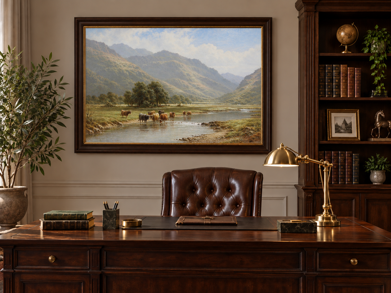 Landscape Oil Painting - Cattle Crossing a Mountain River Valley
