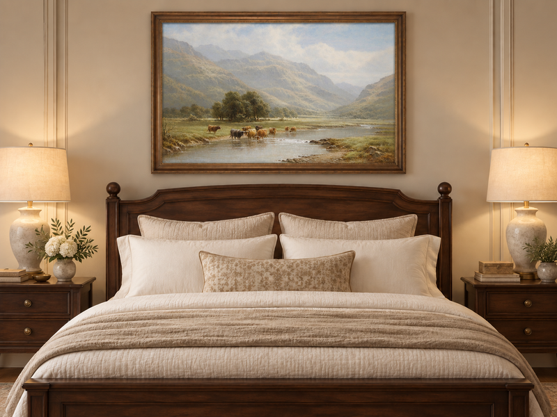 Landscape Oil Painting - Cattle Crossing a Mountain River Valley