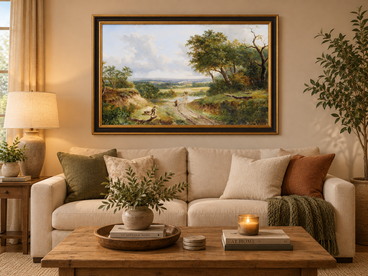 Huile sur toile - Chemin de campagne avec personnages et arbres