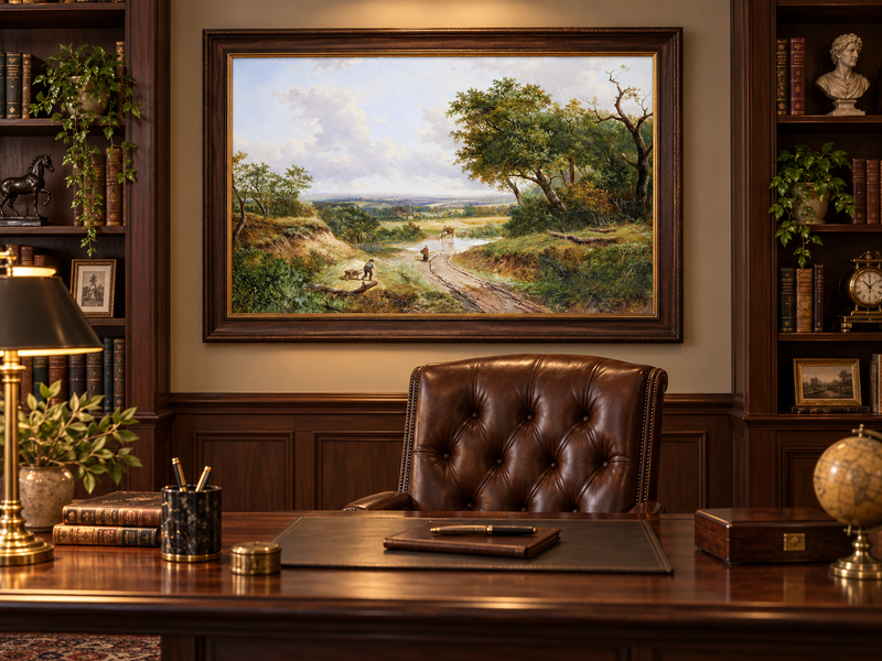 Huile sur toile - Chemin de campagne avec personnages et arbres