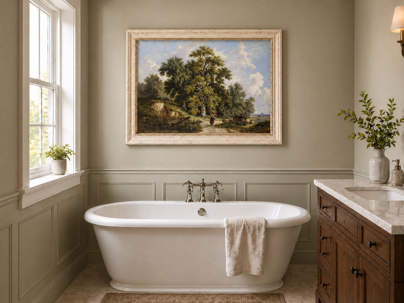 Peinture à l'huile de paysage - Chemin de campagne, grands arbres et personnage
