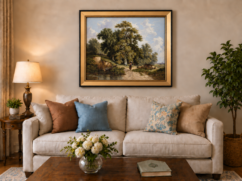 Peinture à l'huile de paysage - Chemin de campagne, grands arbres et personnage