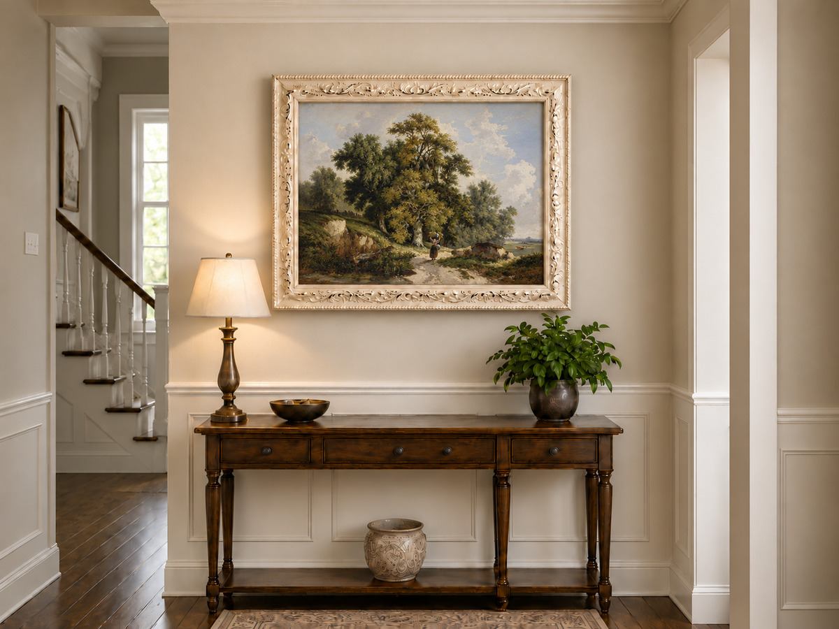 Peinture à l'huile de paysage - Chemin de campagne, grands arbres et personnage