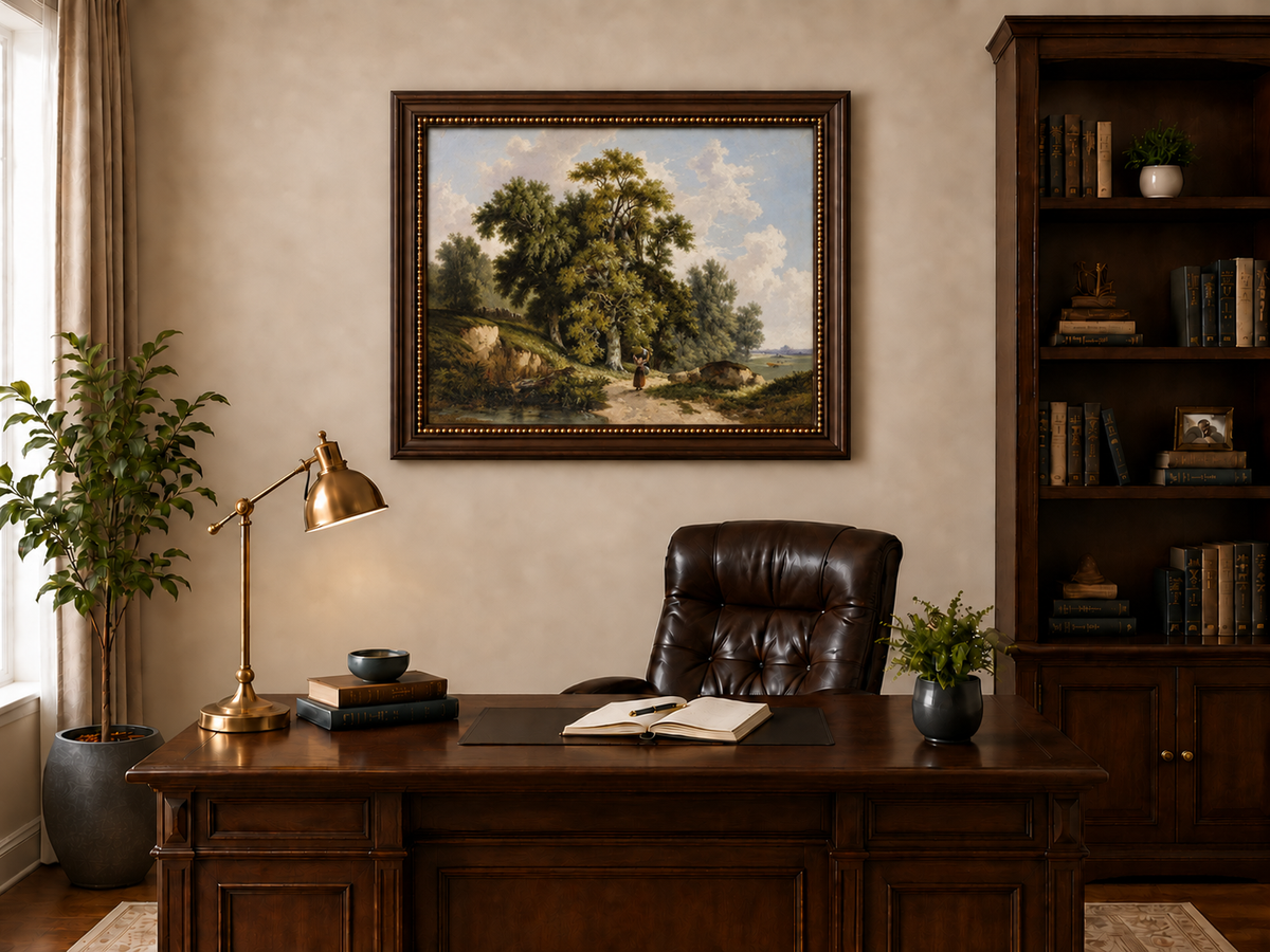 Peinture à l'huile de paysage - Chemin de campagne, grands arbres et personnage