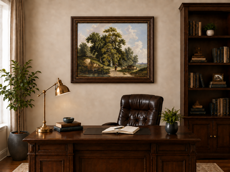 Peinture à l'huile de paysage - Chemin de campagne, grands arbres et personnage