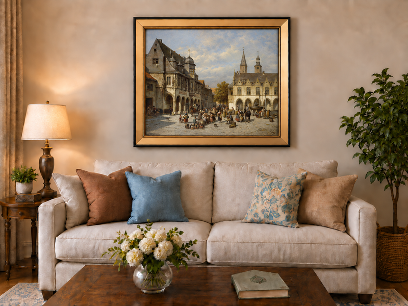 Ölgemälde Landschaft - Historische europäische Marktplatzfiguren