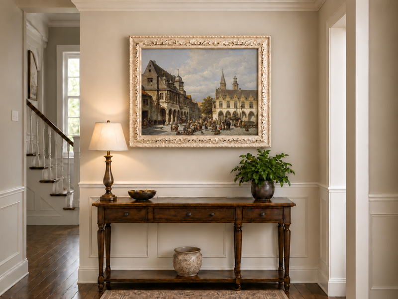Ölgemälde Landschaft - Historische europäische Marktplatzfiguren