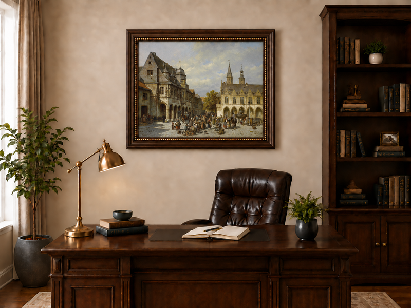Ölgemälde Landschaft - Historische europäische Marktplatzfiguren