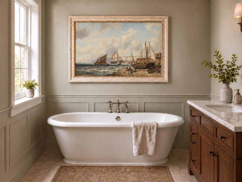 Peinture à l'huile de paysage - Bateaux de pêche et falaises du port historique