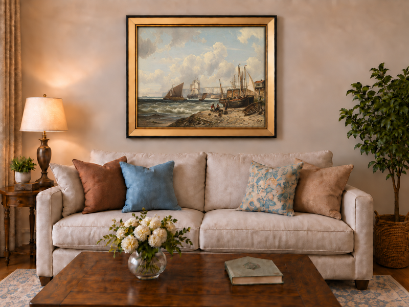 Peinture à l'huile de paysage - Bateaux de pêche et falaises du port historique
