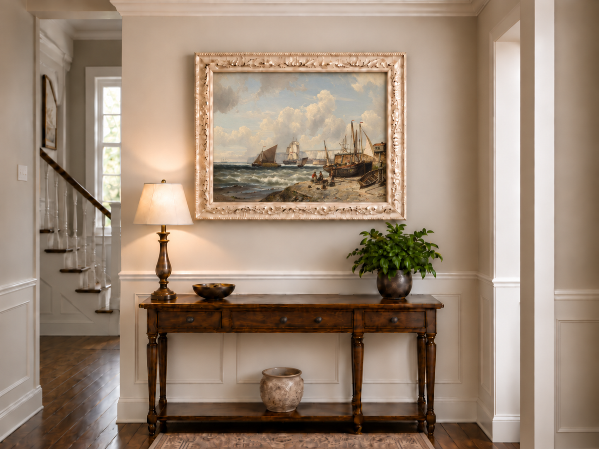 Peinture à l'huile de paysage - Bateaux de pêche et falaises du port historique