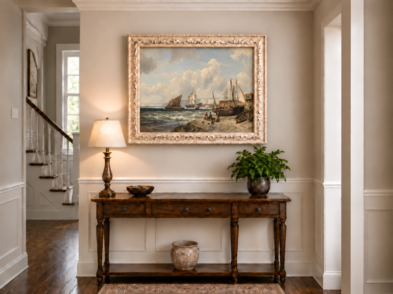 Peinture à l'huile de paysage - Bateaux de pêche et falaises du port historique