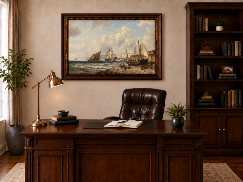 Peinture à l'huile de paysage - Bateaux de pêche et falaises du port historique