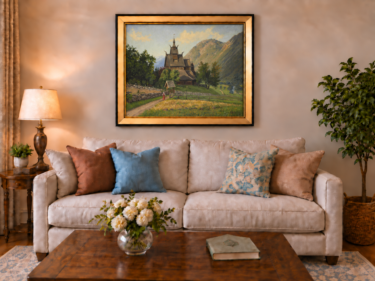 Peinture à l'huile de paysage - Église nordique en bois dans une vallée de montagne