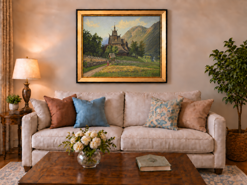 Peinture à l'huile de paysage - Église nordique en bois dans une vallée de montagne