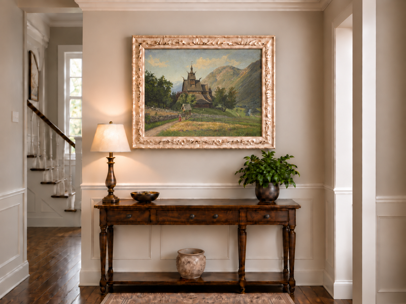 Peinture à l'huile de paysage - Église nordique en bois dans une vallée de montagne