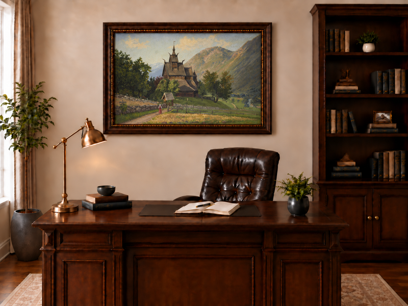 Peinture à l'huile de paysage - Église nordique en bois dans une vallée de montagne