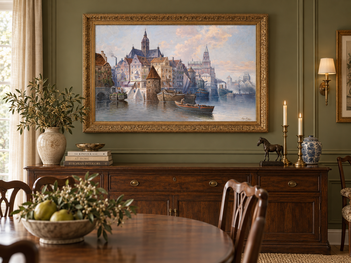 Landscape Oil Painting - European Harbor City Canal & Boats