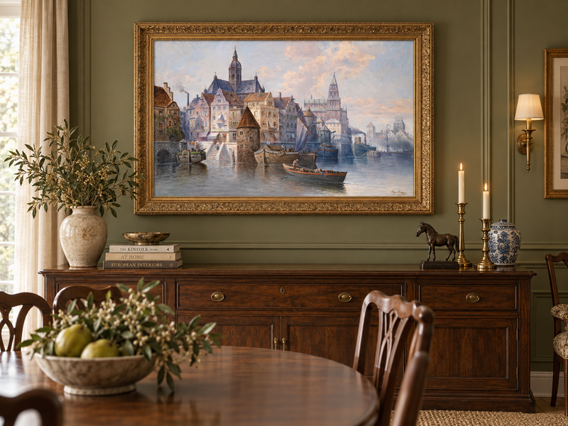 Landscape Oil Painting - European Harbor City Canal & Boats