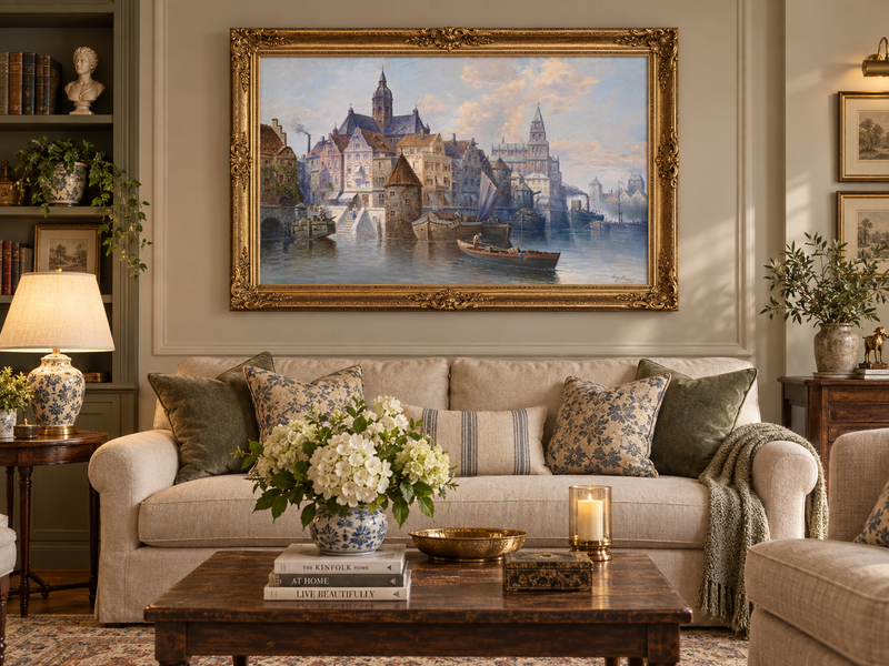 Landscape Oil Painting - European Harbor City Canal & Boats