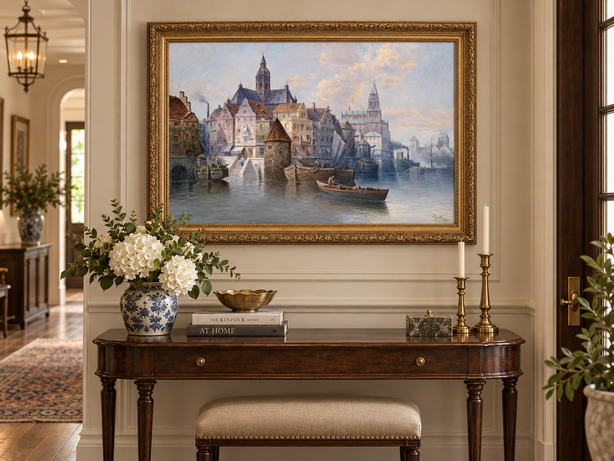 Landscape Oil Painting - European Harbor City Canal & Boats
