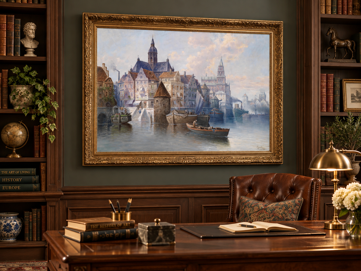 Landscape Oil Painting - European Harbor City Canal & Boats