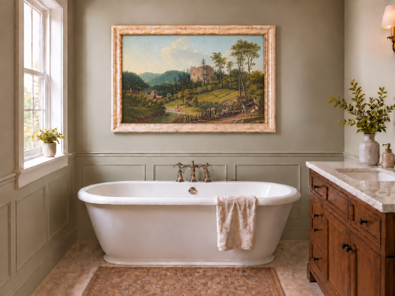 Peinture à l'huile de paysage - Village en bord de rivière et ruines de château