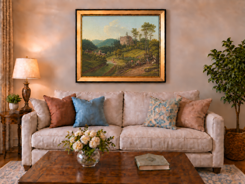 Peinture à l'huile de paysage - Village en bord de rivière et ruines de château
