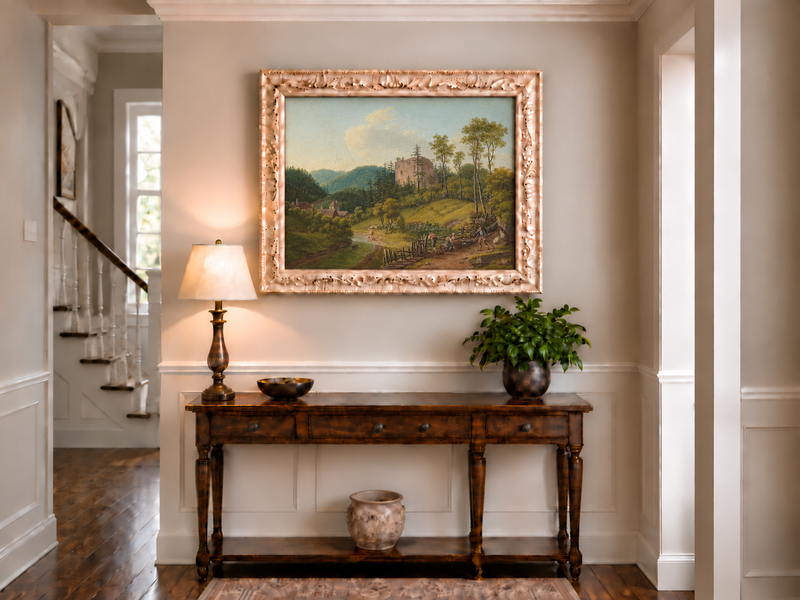 Peinture à l'huile de paysage - Village en bord de rivière et ruines de château
