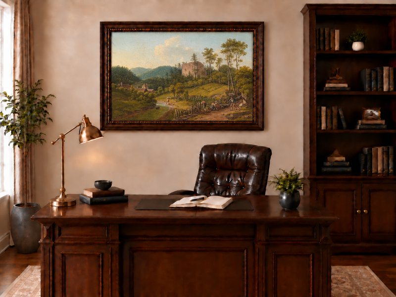 Peinture à l'huile de paysage - Village en bord de rivière et ruines de château