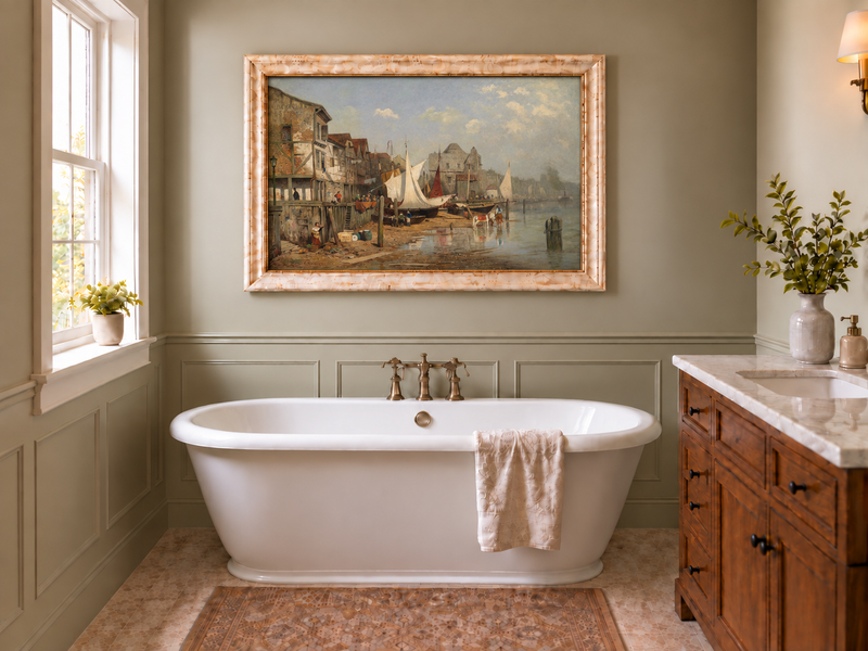 Landscape Oil Painting - Old Riverside Harbor Town Sailing Boats